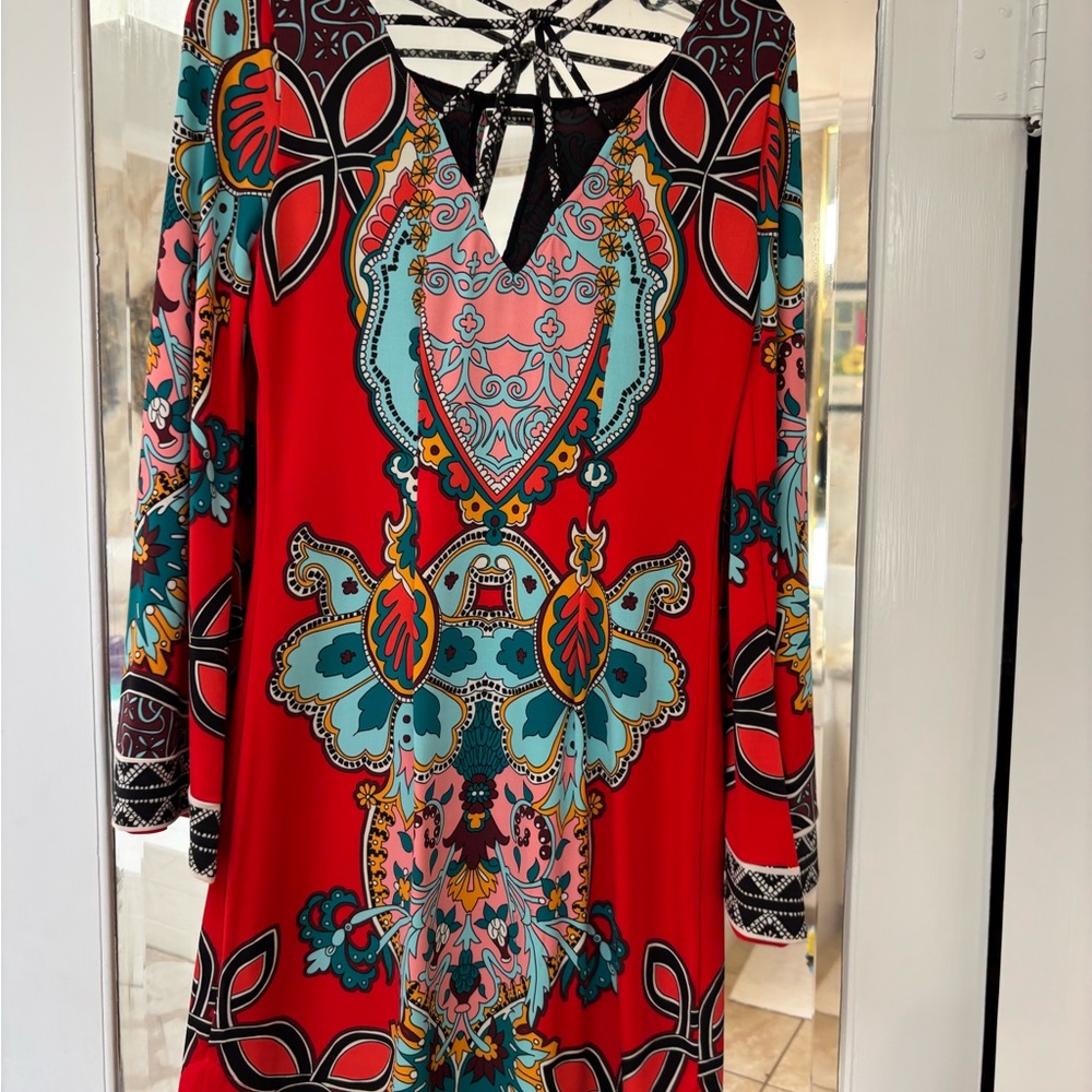 Hale Bob Red and Blue Plunge Sundress 3/4 Sleeve Resort Wear